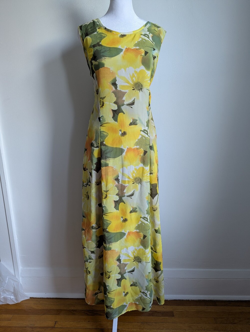 Vintage 90s Wild Thyme Yellow & Green Floral Open Back Maxi Dress 14